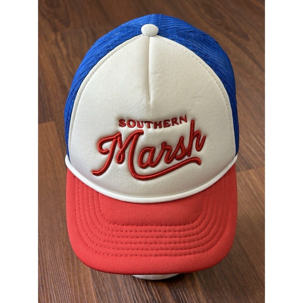 Southern Marsh Hat Cap Mens Snap Back Summer Trucker Patriotic Spellout Blue